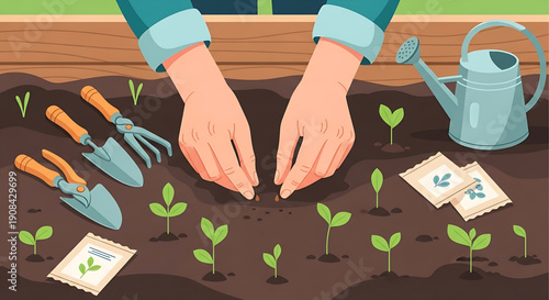 Caring hands diligently plant new seeds into rich soil, fostering the vibrant growth of young green sprouts in a blooming spring garden, symbolizing nurturing and cultivation