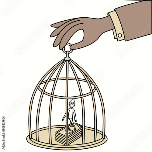 Giant hand controlling birdcage with small person inside