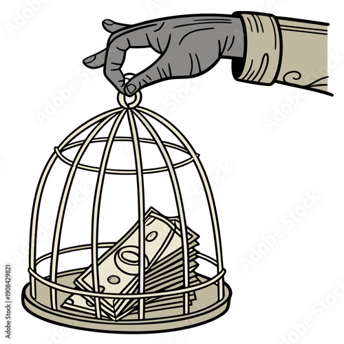 Giant hand controlling cage with money birdcage banknotes