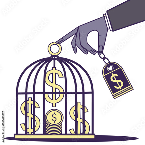 Giant hand lowering lock onto cage filled with money