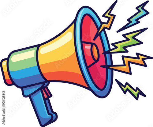 Colorful cartoon megaphone with lightning sound waves announcement marketing promotion communication flat vector illustration