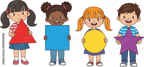 Cute diverse children holding geometric shapes learning shapes education preschool kindergarten flat cartoon vector illustration