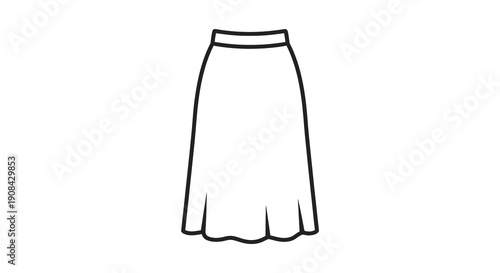 A simple black and white line drawing depicts a knee length skirt with a slightly flared hemline high quality professional detailed