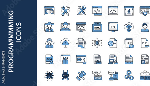 Professional programming and software development icon set featuring coding languages web design cloud computing cybersecurity and technical engineering vector elements