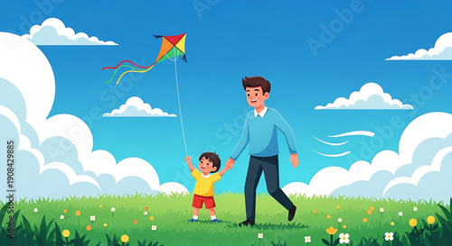 Father and child joyfully flying a colorful kite in a sunny green field, a heartwarming illustration of family bonding, outdoor recreation, and happy childhood