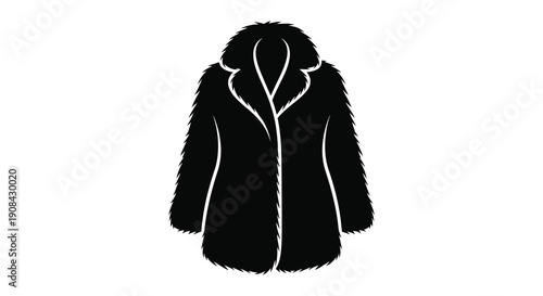 A minimalist black and white illustration depicts a fluffy hooded winter coat showcasing its texture and shape high quality professional
