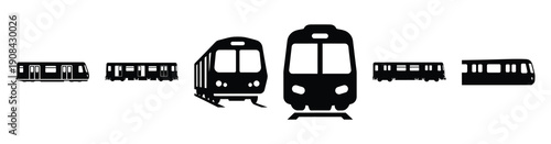 Vector set illustration of subway train icons. Simple transport silhouette icon design collection.