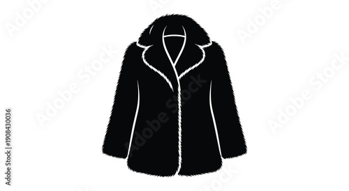 A stylized black and white illustration depicts a fluffy oversized fur coat with a prominent collar high quality