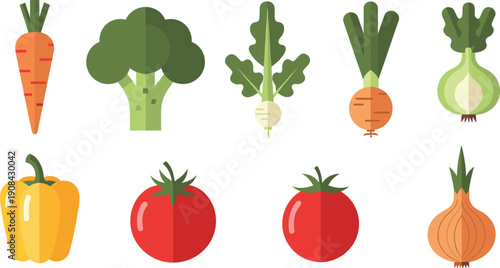Flat design vegetables set with carrot broccoli tomato onion and root vegetables isolated on white