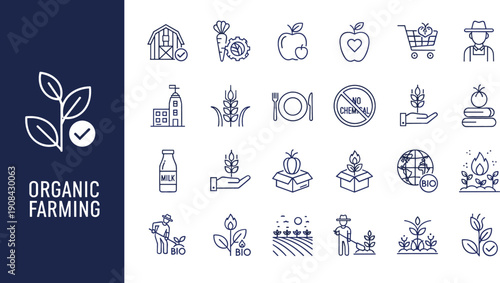 Sustainable organic farming icon set featuring natural cultivation agriculture eco-friendly food production non-chemical harvest and rural gardening vector elements