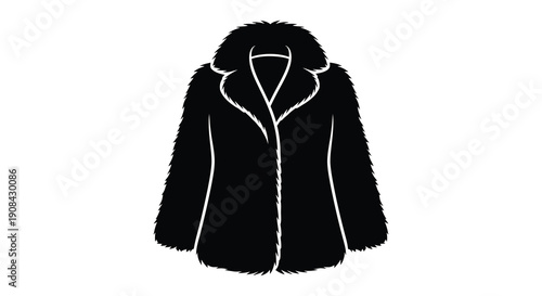 A stark black and white illustration depicts a fluffy oversized fur coat or jacket with a hood high quality professional