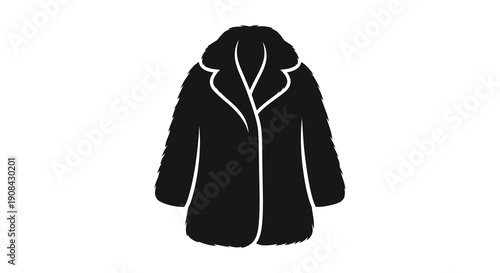 A minimalist black and white silhouette depicts a fluffy oversized winter coat with a hood high quality professional detailed modern