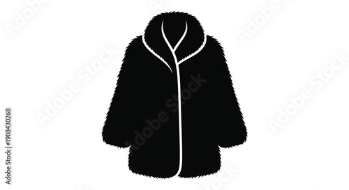 A minimalist black and white illustration depicts a fluffy hooded coat suggesting winter fashion or outerwear high quality professional detailed