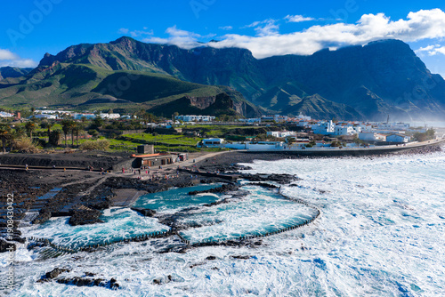 Agaete Aerial View, Las Salinas Rock Pools and Ferry Port Terminal, Puerto de las Nieves, Gran Canaria, Spain 