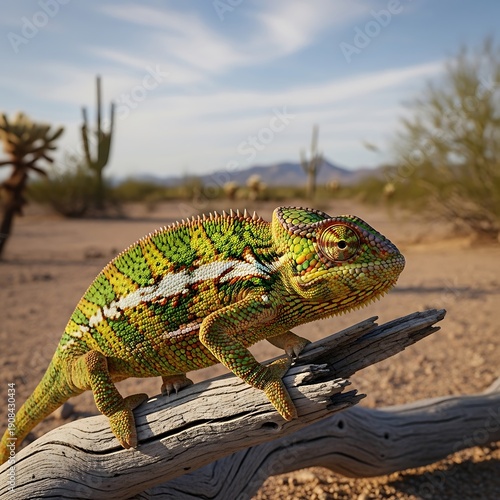 Vibrant reptile perches upon weathered wood in arid desert landscape under bright sky