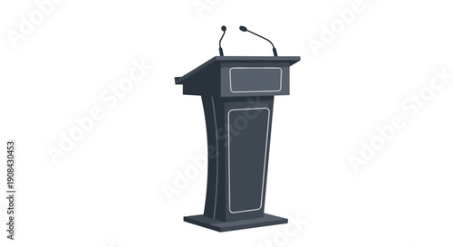 Empty dark gray podium with two microphones on a plain white background, ready for a professional presentation.