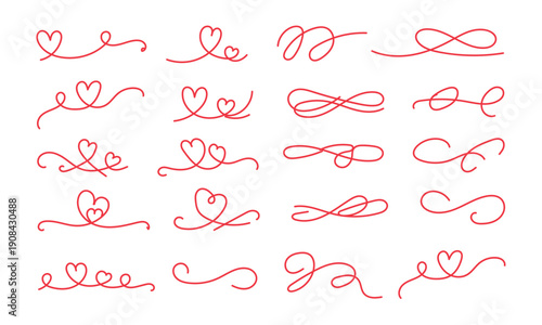 Heart line love set. Red color heart line outline swirl ribbon calligraphy hand drawn element design. Vector illustration  . 