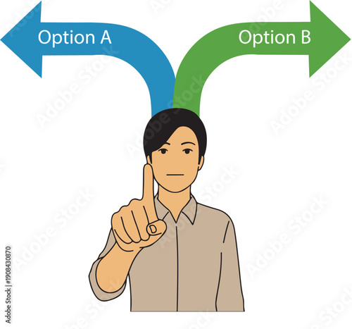 Man with Option A and B Arrows Flat Vector for Career Decision, business blogs, HR recruitment materials, leadership training, and personal growth presentations.
