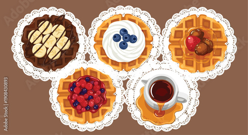 Five delicious Belgian waffles topped with chocolate, bananas, blueberries, cream, strawberries, and sweet syrup.