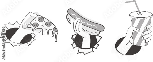 Cartoon Fast Food Hands Pizza Hot Dog Soda with vector illustration