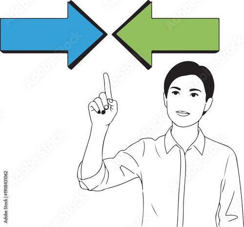 Woman with Opposing Arrows Line Art for Conflict Resolution Concept, psychology blogs, HR mediation materials, life coaching, and corporate strategy presentations.