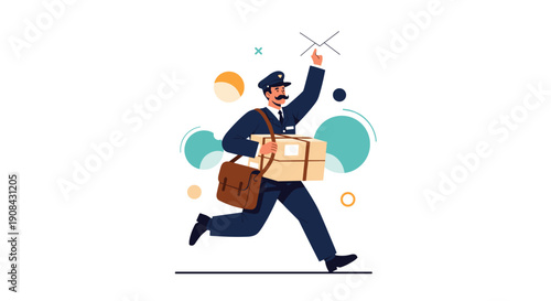 Happy postman in a blue uniform running to deliver a stack of packages and an envelope with decorative circles.