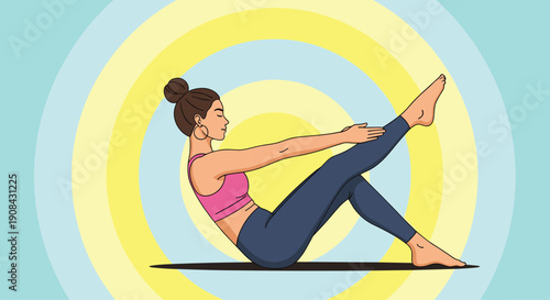 Woman in a pink top and blue leggings practicing a core strengthening pilates exercise against a circular background.