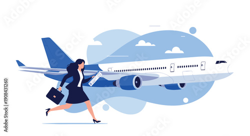 Professional businesswoman in a suit and heels carrying a briefcase and a ticket running towards a large airplane.