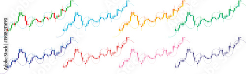 Colorful Financial Trading Candlestick Chart Set with Moving Average Curves Stock Market Analysis Vector