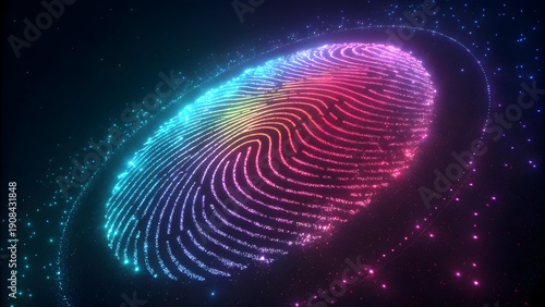 Glowing Neon Fingerprint with Particles in Dark Space full hd 4k stock image download digital identity