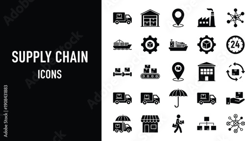 Supply chain and logistics icon set featuring cargo ships delivery trucks warehouses inventory tracking and global distribution vector graphic elements