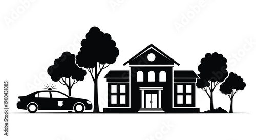 A stark black silhouette depicts a house trees and a police car parked nearby creating a dramatic scene silhouette