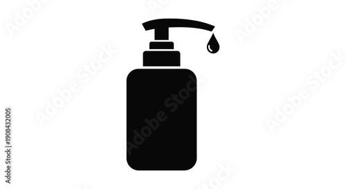 A simple black silhouette depicts a pump bottle with a single droplet showcasing hygiene and cleanliness silhouette