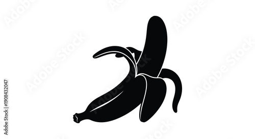 A strikingly black silhouette of a partially peeled banana against a stark white background silhouette high quality professional