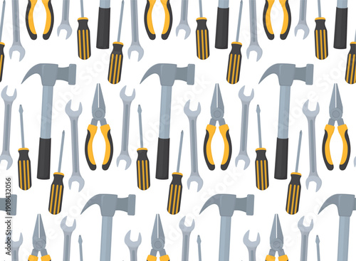 Seamless pattern with hammer, wrenches, pliers and screwdriver. Background with tools for construction, repair or mechanical work