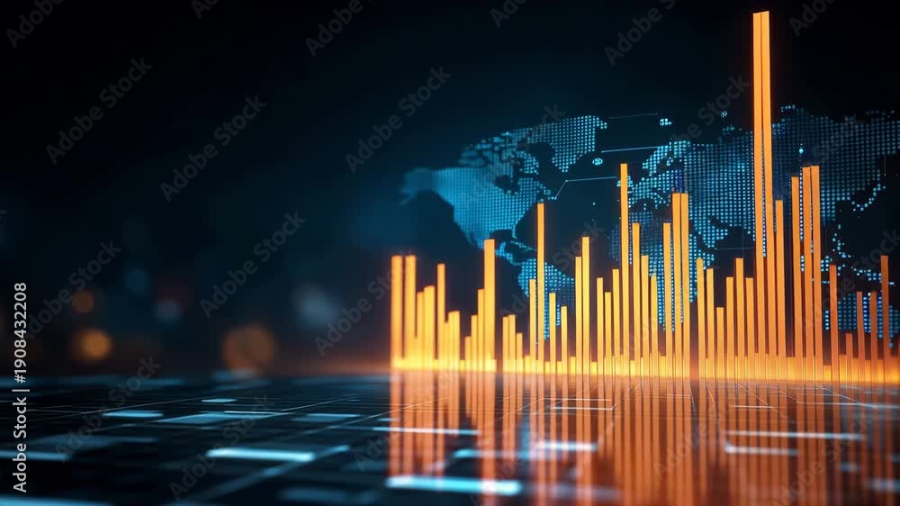 Futuristic global data visualization with glowing world map, digital ...