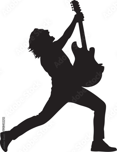 Rockstar guitarist performing energetic stage solo with electric guitar silhouette