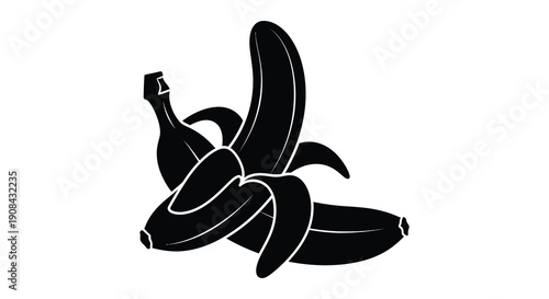 A partially peeled banana against a white background presents a striking minimalist composition in black silhouette high quality