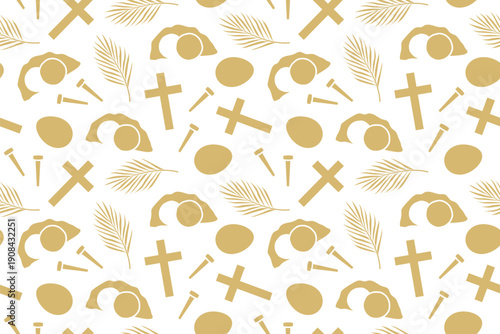 Easter, Holy Week seamless pattern with palm leaf, cross, nails and Jesus tomb - vector illustration