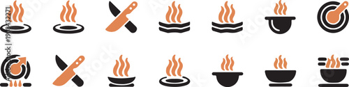 BBQ Grill Icon Set – Barbecue Cooking, Bar-B-Q Tools, Spatula, Grill Fork, Picnic Fire Symbols Vector