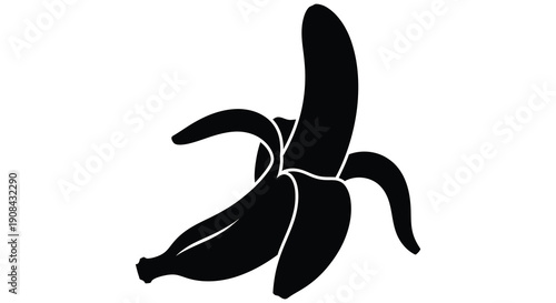 A striking black silhouette depicts a partially peeled banana against a plain white background showcasing its curved form silhouette