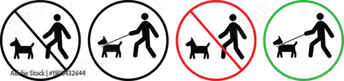 Dog Walking Allowed and Prohibited Sign Icon Set, Pet Control and Leash Rules Symbols, No Dogs and Allowed Dogs Pictograms, Vector Illustration
