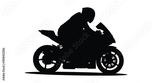 A dynamic black silhouette depicts a motorcyclist leaning into a turn on a powerful racing machine silhouette