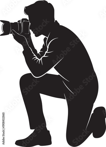 Photographer kneeling with camera, professional in action, capturing image, creative hobby illustration, media