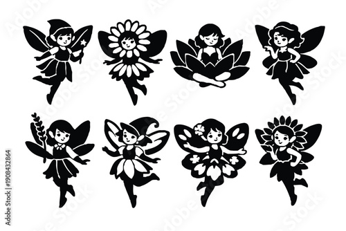 A set of black and white illustrations of fairies and flowers on a white background