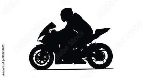 A dynamic black silhouette depicts a motorcyclist leaning into a turn on a racing bike silhouette high quality
