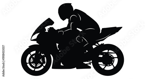 A dynamic black silhouette depicts a motorcyclist leaning into a turn on a sportbike silhouette high quality professional