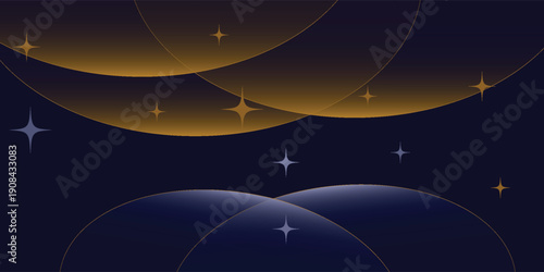 Navy blue abstract background with halftone golden lines delicate pattern. Small light spot box. Curve line, cosmic galaxy space. Festive BG for social media, birthday party invitation.