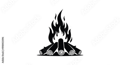 A dramatic black silhouette of a campfire with burning logs and rising flames evoking warmth and adventure silhouette