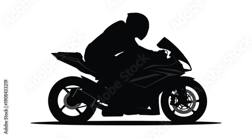 A dynamic black silhouette depicts a motorcyclist leaning into a turn on a modern sportbike silhouette high quality